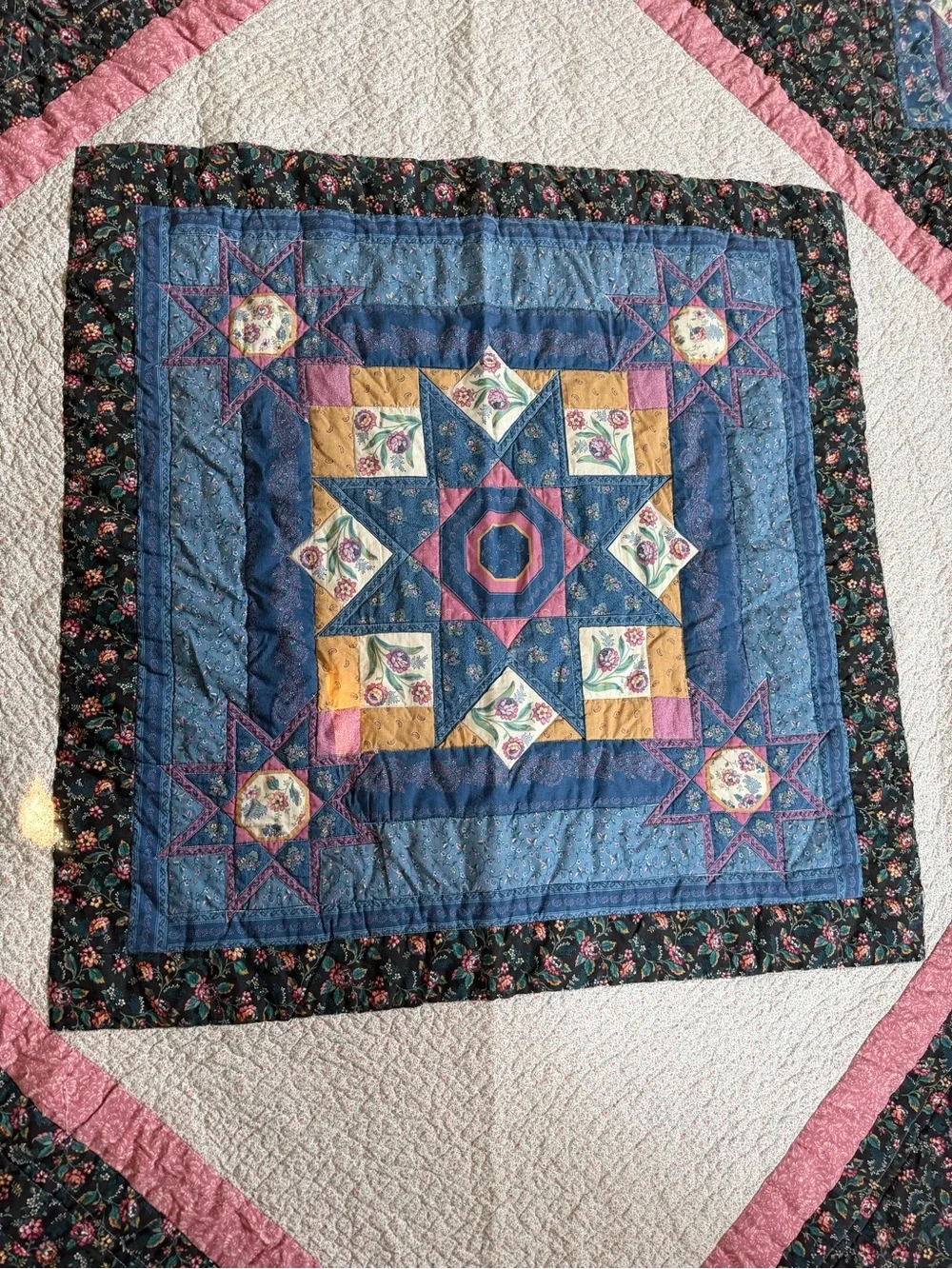 Handmade Star Patchwork Quilt in Pink, Blue, and Cream